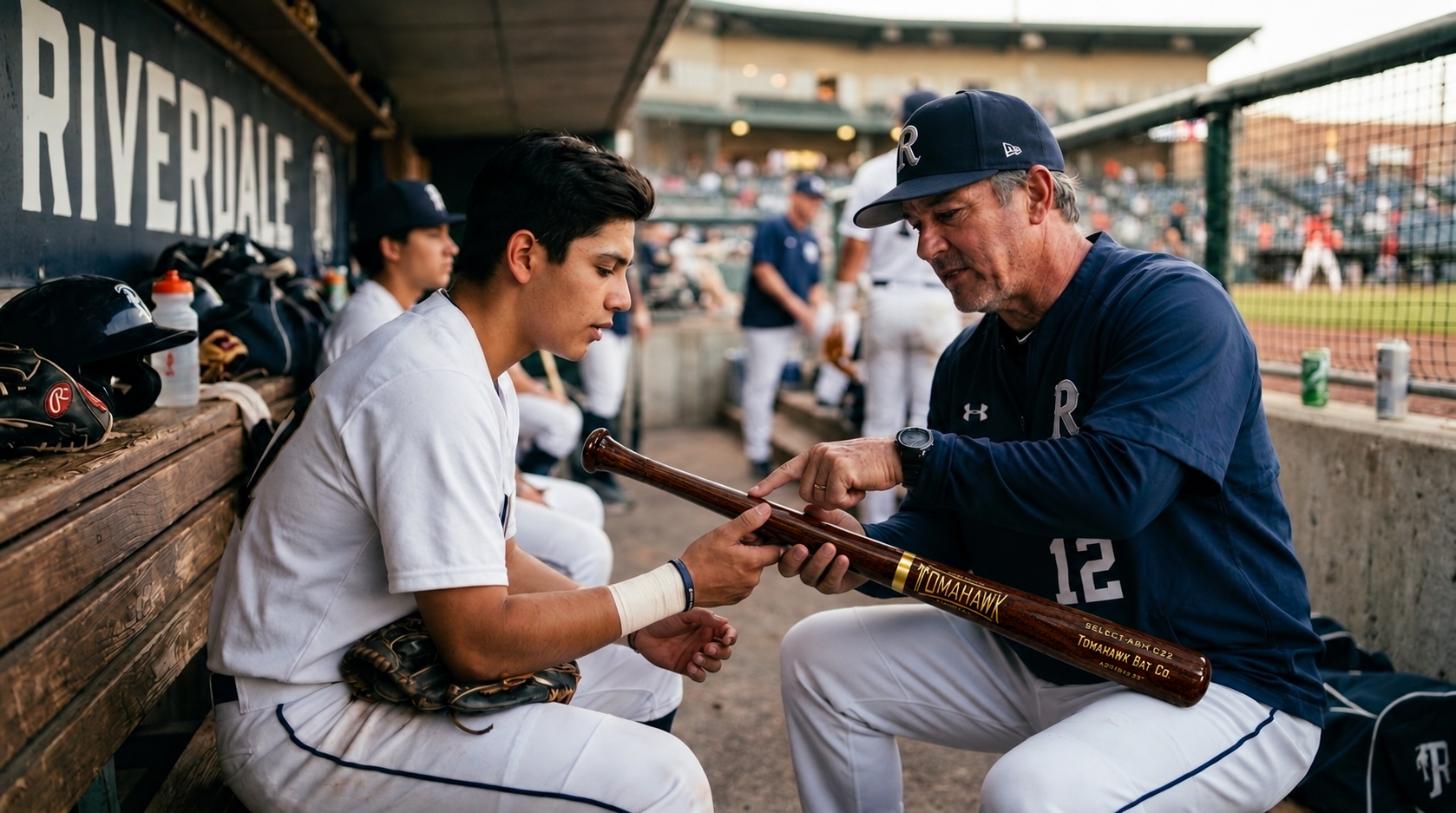 Young baseball player in uniform swinging a Tomahawk wood baseball bat on the diamond with coach and teammates watching